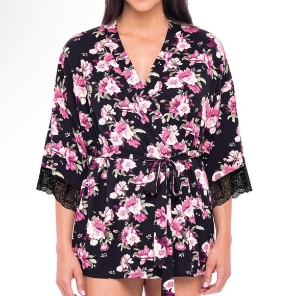 Secret Treasures Other - Secret Treasures Black Satin Robe with Pink Rose Print